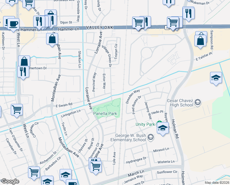 map of restaurants, bars, coffee shops, grocery stores, and more near 6128 Village Green Drive in Stockton