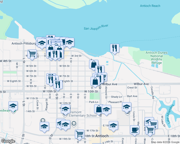 map of restaurants, bars, coffee shops, grocery stores, and more near 509 B Street in Antioch