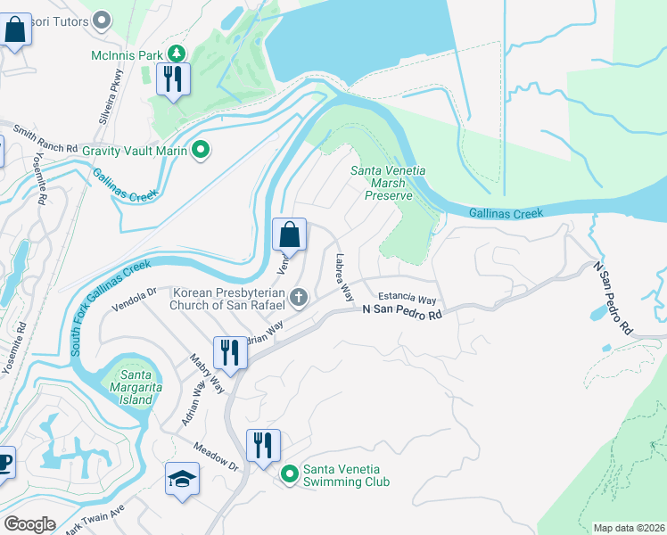 map of restaurants, bars, coffee shops, grocery stores, and more near 675 Rosal Way in San Rafael