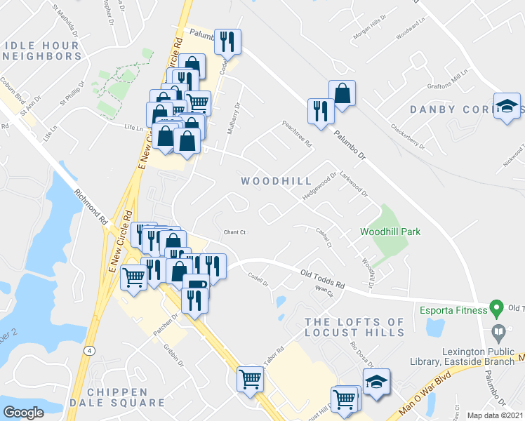 map of restaurants, bars, coffee shops, grocery stores, and more near 246 Osage Court in Lexington