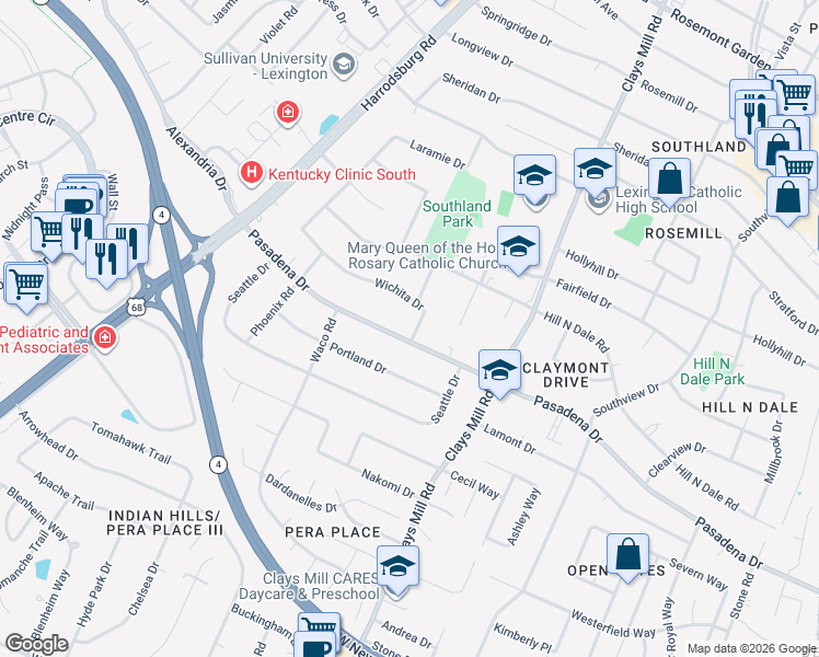 map of restaurants, bars, coffee shops, grocery stores, and more near 605 Wichita Drive in Lexington