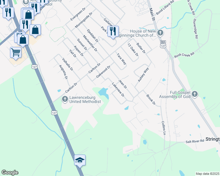 map of restaurants, bars, coffee shops, grocery stores, and more near 123 Lakeview Drive in Lawrenceburg