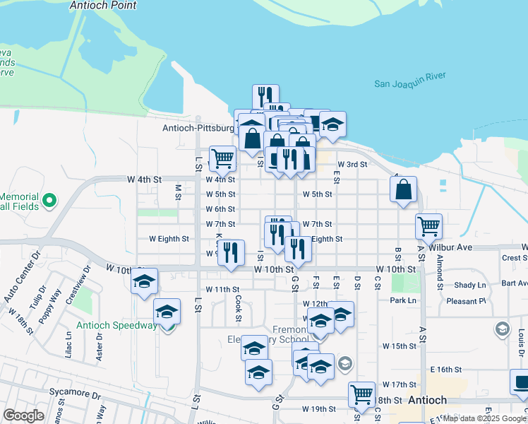 map of restaurants, bars, coffee shops, grocery stores, and more near 713 West 6th Street in Antioch