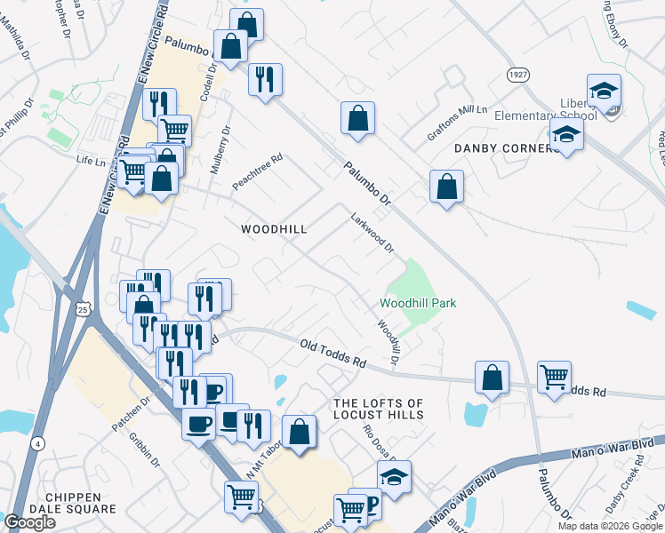 map of restaurants, bars, coffee shops, grocery stores, and more near 337 Shadow Glen Court in Lexington