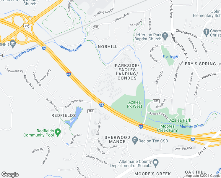 map of restaurants, bars, coffee shops, grocery stores, and more near Water Oak Court in Charlottesville