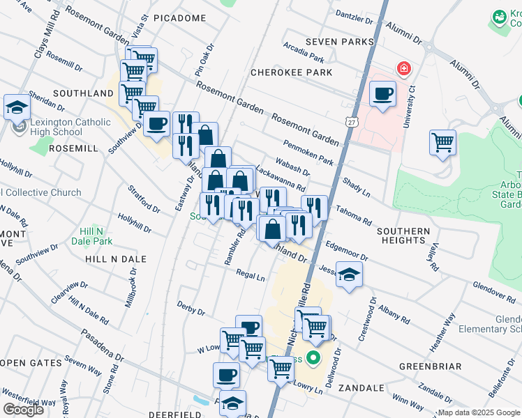 map of restaurants, bars, coffee shops, grocery stores, and more near 240 Plaza Drive in Lexington