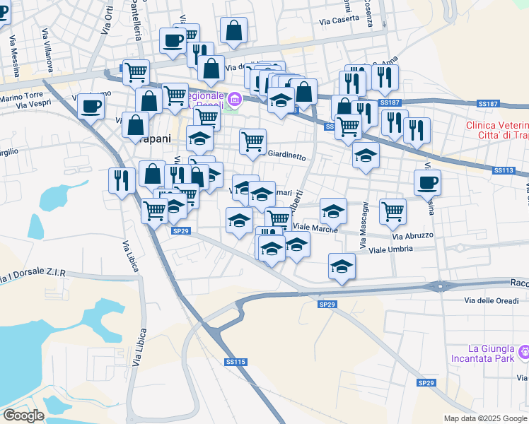 map of restaurants, bars, coffee shops, grocery stores, and more near 100 Via Michele Amari in Trapani