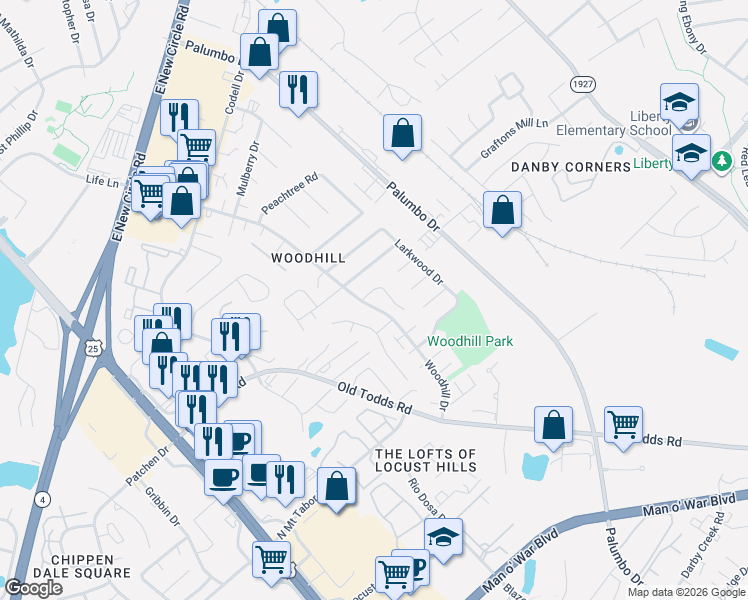 map of restaurants, bars, coffee shops, grocery stores, and more near 337 Shadow Glen Court in Lexington