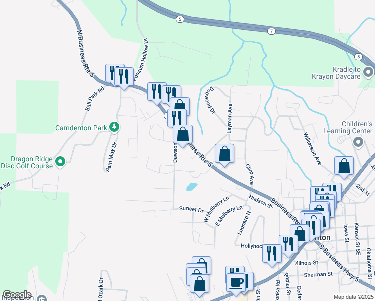 map of restaurants, bars, coffee shops, grocery stores, and more near 755 Missouri 5 Business in Camdenton