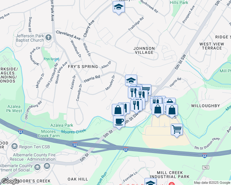 map of restaurants, bars, coffee shops, grocery stores, and more near 115 Longwood Drive in Charlottesville