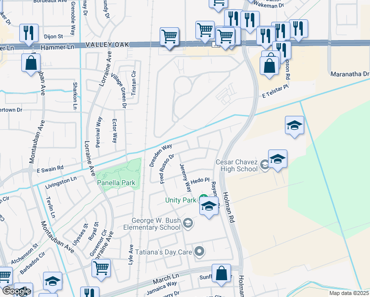 map of restaurants, bars, coffee shops, grocery stores, and more near 6019 Fred Russo Drive in Stockton