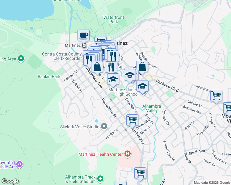 map of restaurants, bars, coffee shops, grocery stores, and more near 1215 Castro Street in Martinez