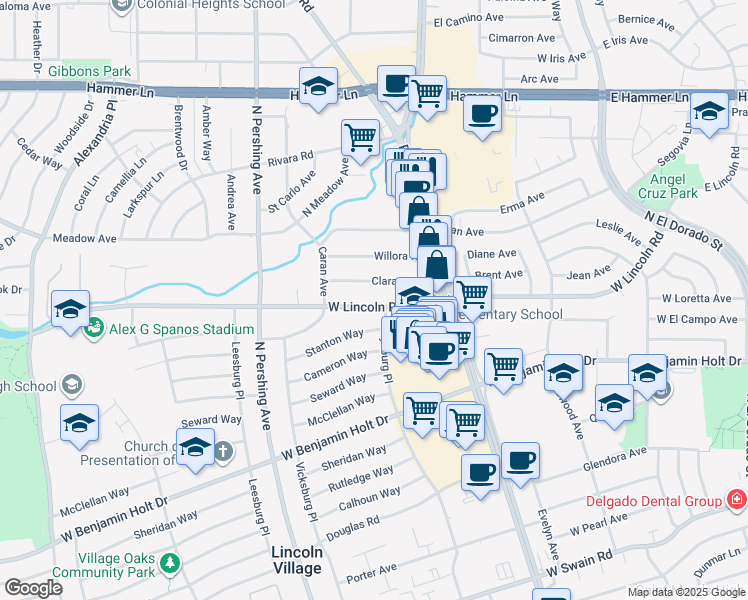 map of restaurants, bars, coffee shops, grocery stores, and more near 1001 West Lincoln Road in Stockton