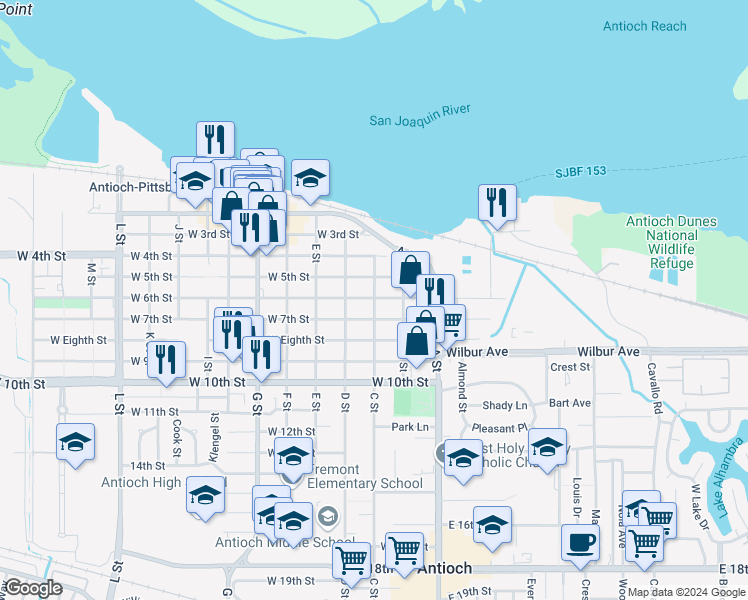 map of restaurants, bars, coffee shops, grocery stores, and more near 506 C Street in Antioch