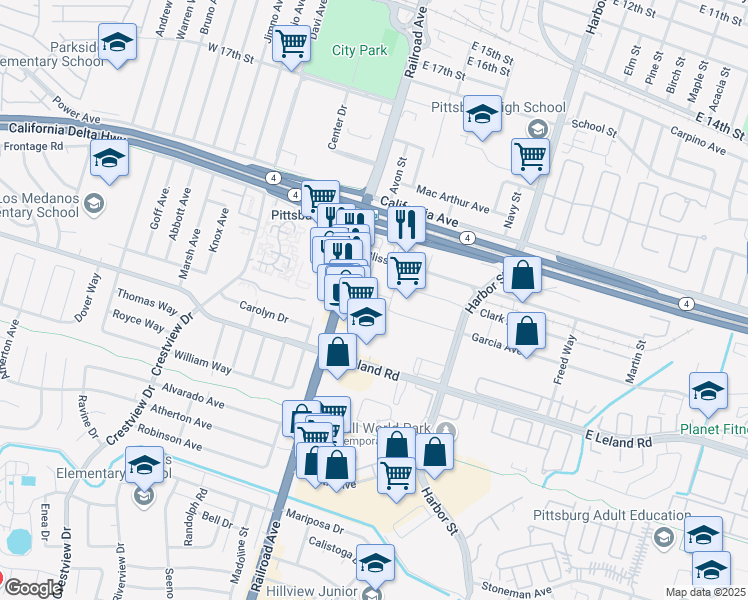 map of restaurants, bars, coffee shops, grocery stores, and more near 520 Garcia Avenue in Pittsburg