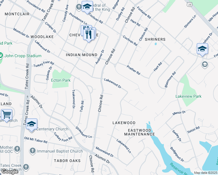 map of restaurants, bars, coffee shops, grocery stores, and more near 1424 Lakewood Drive in Lexington