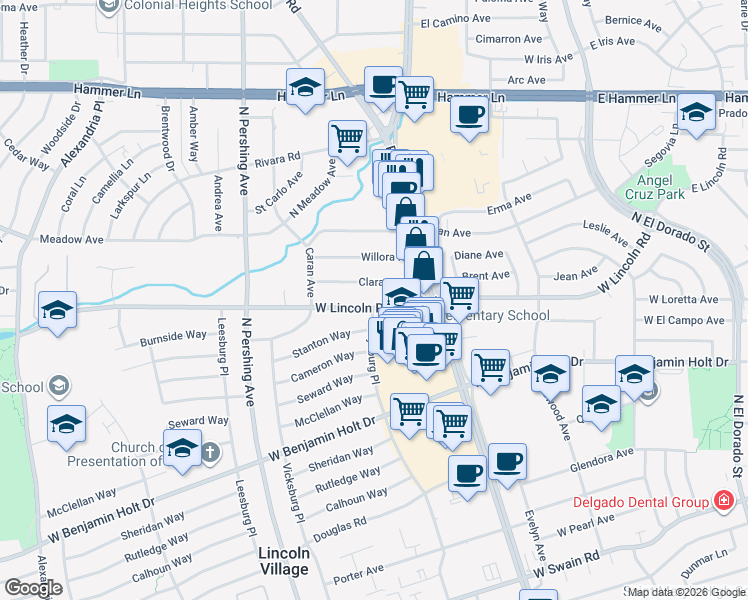 map of restaurants, bars, coffee shops, grocery stores, and more near 1001 West Lincoln Road in Stockton