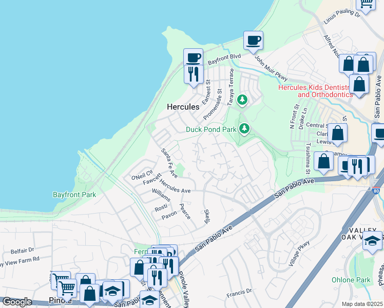 map of restaurants, bars, coffee shops, grocery stores, and more near 211 Apollo in Hercules