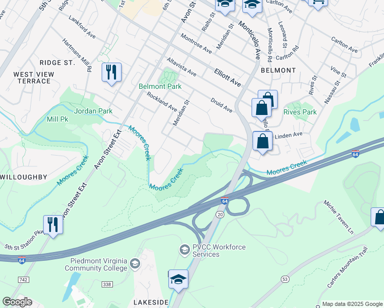 map of restaurants, bars, coffee shops, grocery stores, and more near 1004 Rougemont Avenue in Charlottesville
