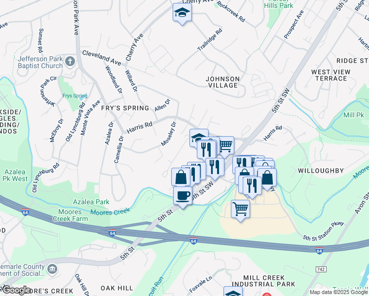 map of restaurants, bars, coffee shops, grocery stores, and more near 110 Longwood Drive in Charlottesville