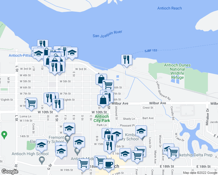 map of restaurants, bars, coffee shops, grocery stores, and more near A Street & East 6th Street in Antioch