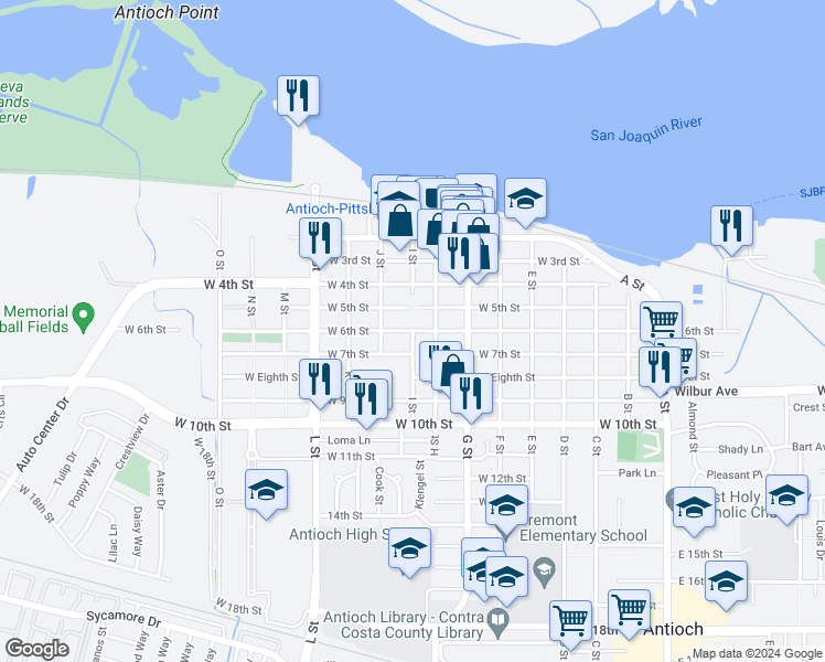 map of restaurants, bars, coffee shops, grocery stores, and more near 500 I Street in Antioch