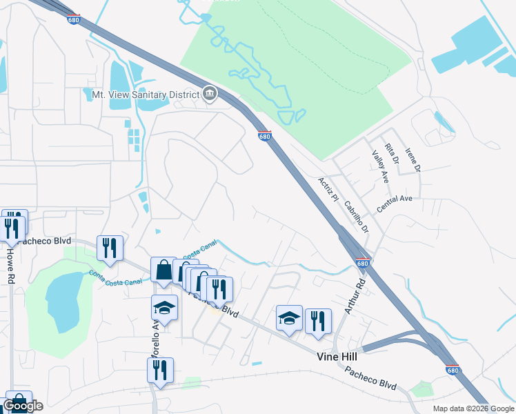 map of restaurants, bars, coffee shops, grocery stores, and more near 3941 Vía Estrella in Martinez