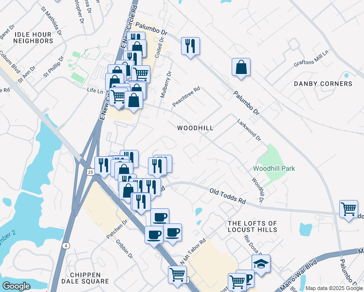 map of restaurants, bars, coffee shops, grocery stores, and more near 205 Hedgewood Court in Lexington