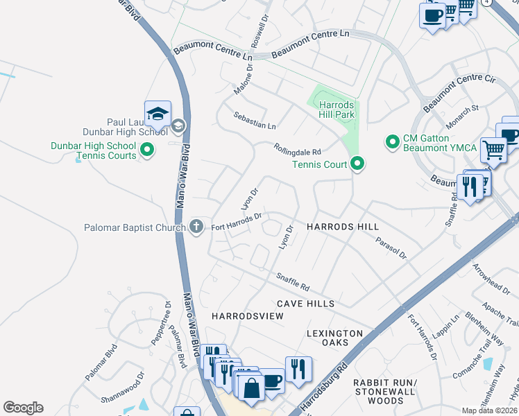map of restaurants, bars, coffee shops, grocery stores, and more near 3209 Lyon Court in Lexington