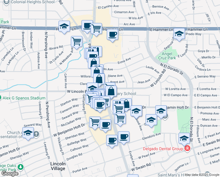 map of restaurants, bars, coffee shops, grocery stores, and more near 734 West Lincoln Road in Stockton