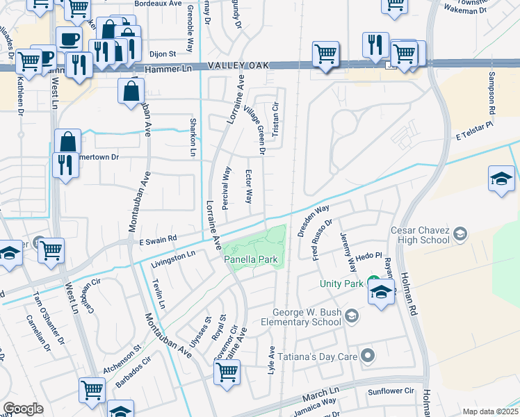 map of restaurants, bars, coffee shops, grocery stores, and more near 6226 Ector Way in Stockton