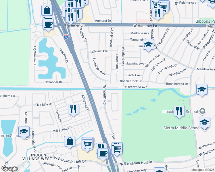 map of restaurants, bars, coffee shops, grocery stores, and more near 7020 Richland Way in Stockton