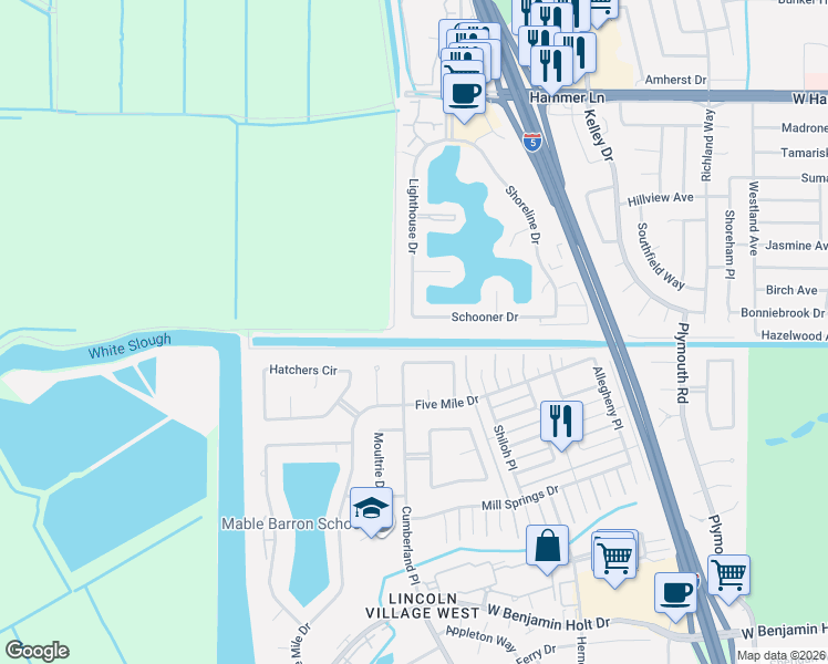 map of restaurants, bars, coffee shops, grocery stores, and more near 7103 Lighthouse Drive in Stockton