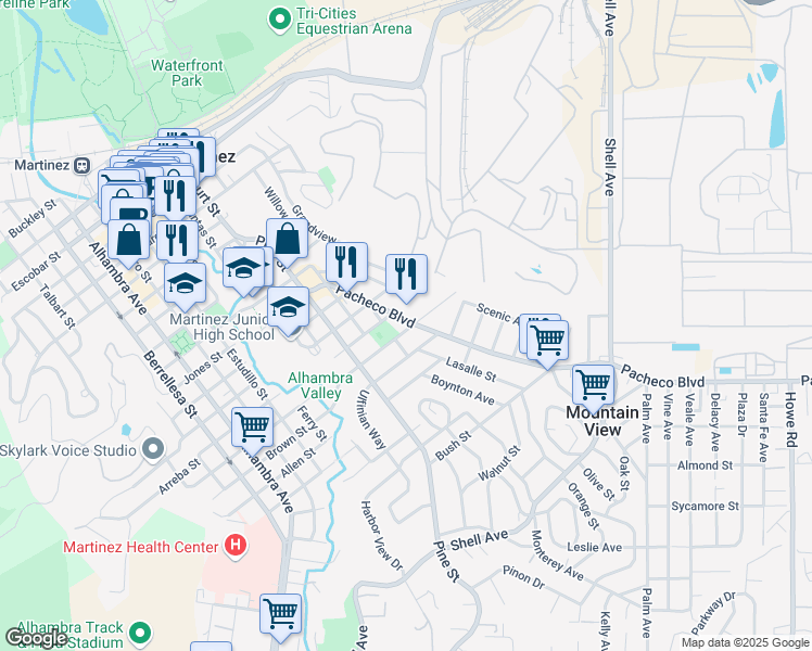 map of restaurants, bars, coffee shops, grocery stores, and more near 1415 Brown Street in Martinez
