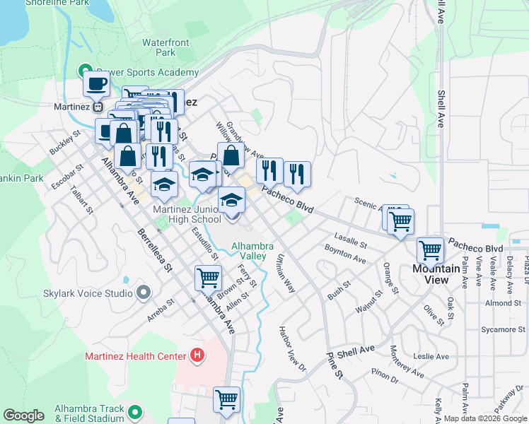map of restaurants, bars, coffee shops, grocery stores, and more near 1526 Willow Street in Martinez