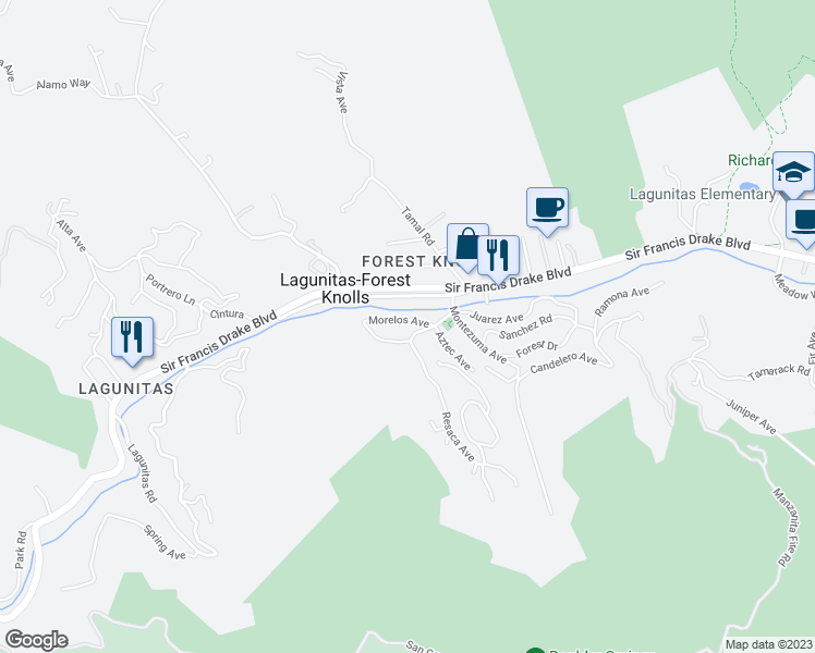 map of restaurants, bars, coffee shops, grocery stores, and more near 15 Morelos Avenue in Lagunitas-Forest Knolls