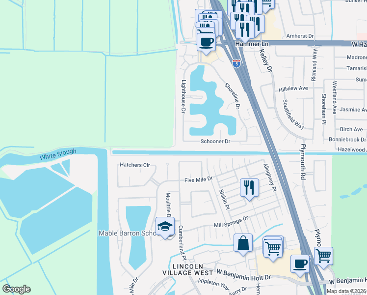 map of restaurants, bars, coffee shops, grocery stores, and more near 7103 Lighthouse Drive in Stockton