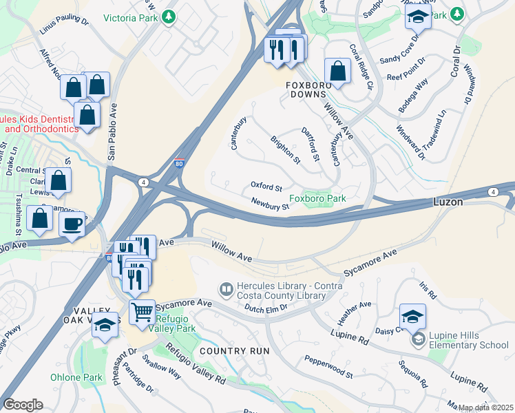 map of restaurants, bars, coffee shops, grocery stores, and more near 232 Newbury Street in Hercules