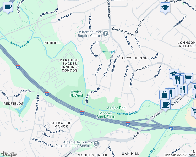 map of restaurants, bars, coffee shops, grocery stores, and more near 2726 McElroy Drive in Charlottesville