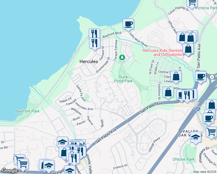 map of restaurants, bars, coffee shops, grocery stores, and more near 220 Apollo in Hercules