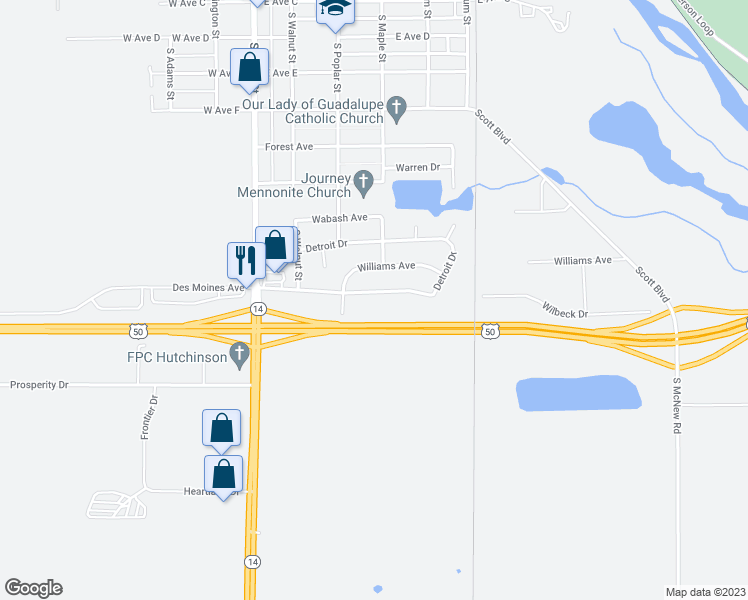 map of restaurants, bars, coffee shops, grocery stores, and more near 41 Des Moines Avenue in South Hutchinson