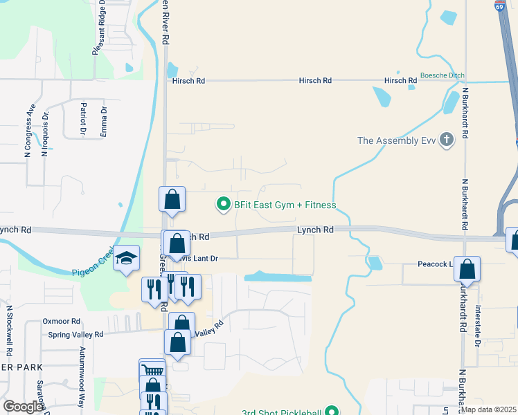 map of restaurants, bars, coffee shops, grocery stores, and more near in Evansville