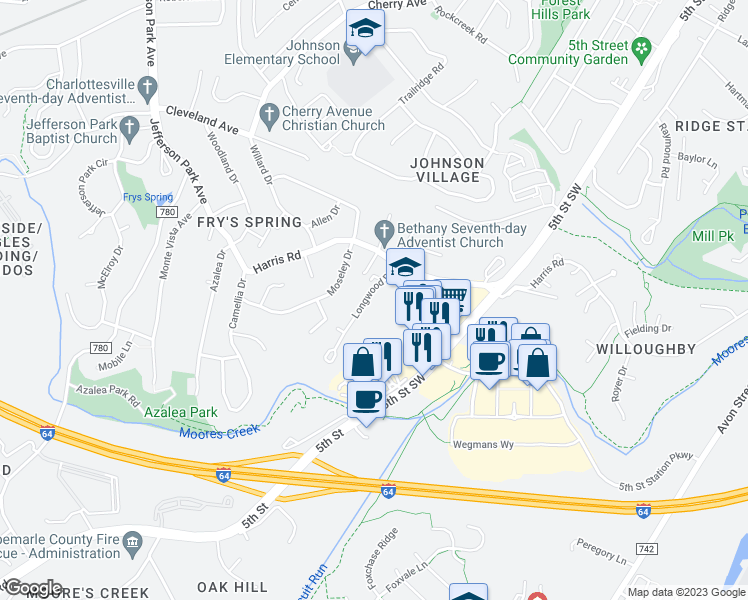 map of restaurants, bars, coffee shops, grocery stores, and more near 106 Longwood Drive in Charlottesville