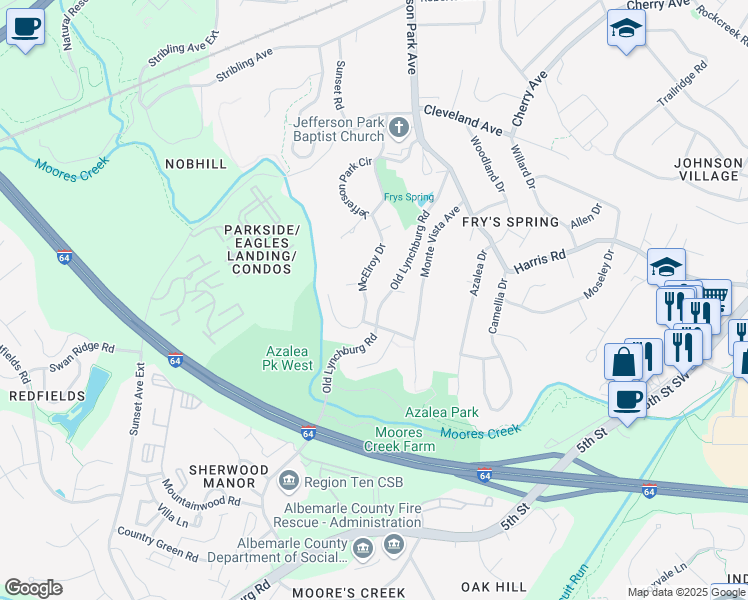 map of restaurants, bars, coffee shops, grocery stores, and more near 2726 McElroy Drive in Charlottesville