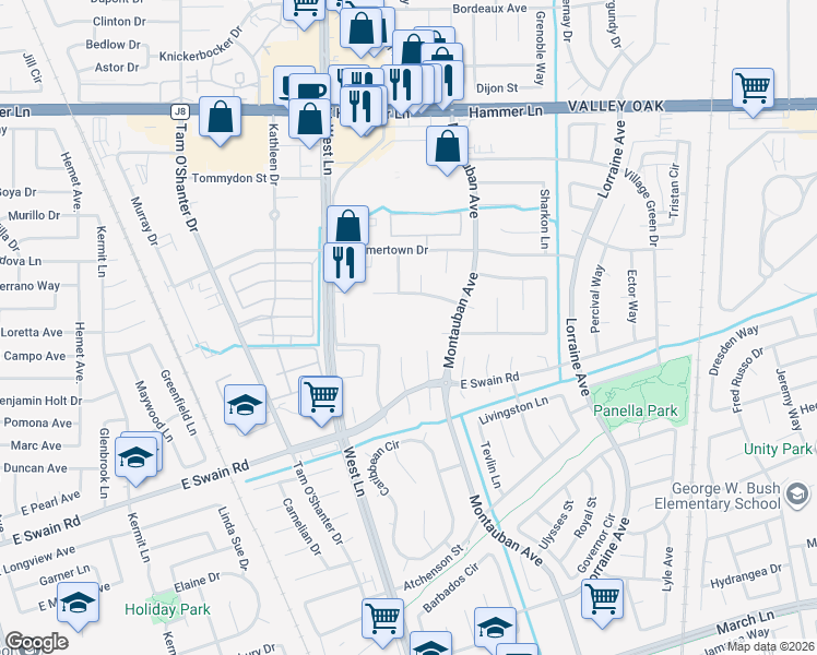 map of restaurants, bars, coffee shops, grocery stores, and more near 1619 Bridle Path in Stockton
