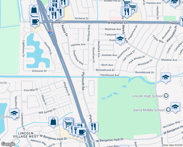 map of restaurants, bars, coffee shops, grocery stores, and more near 7011 Shoreham Place in Stockton