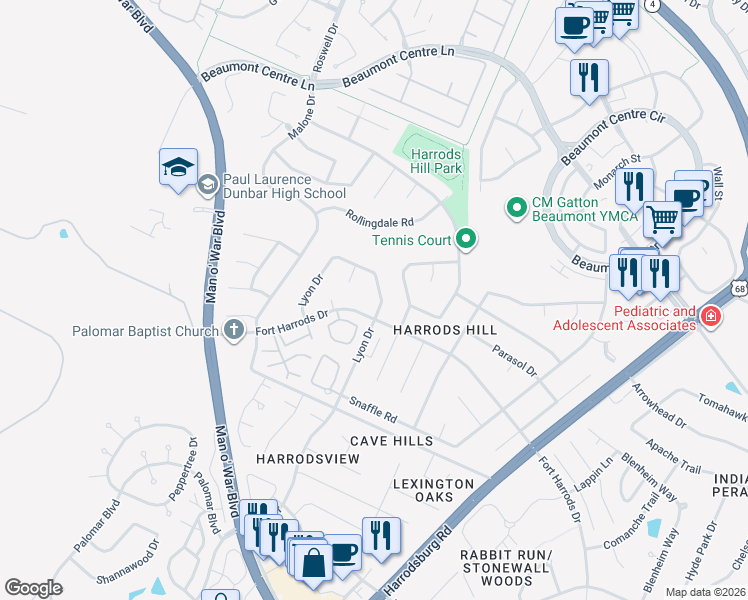 map of restaurants, bars, coffee shops, grocery stores, and more near 3393 Lyon Drive in Lexington