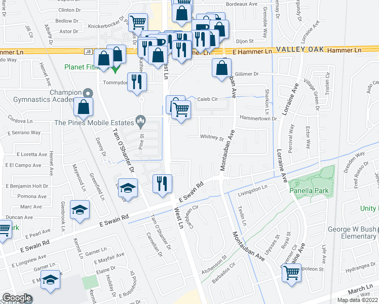 map of restaurants, bars, coffee shops, grocery stores, and more near 6820 West Lane in Stockton