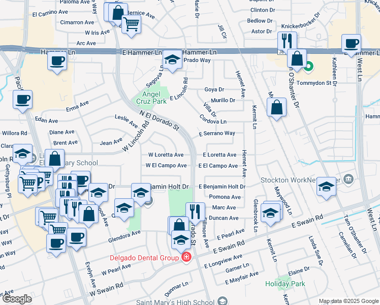 map of restaurants, bars, coffee shops, grocery stores, and more near 6711 North El Dorado Street in Stockton