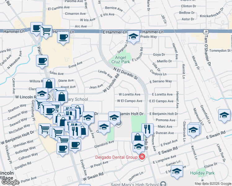 map of restaurants, bars, coffee shops, grocery stores, and more near 44 North Lynda Avenue in Stockton